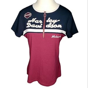 Harley Davidson Quarter Zip Colorblock Embroidered Applique Patch Hog Tee